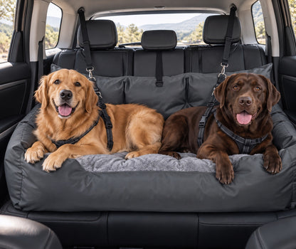 Big dog sitting safely in a TheDogCarSeat size XL dog car seat on the back seat of a car