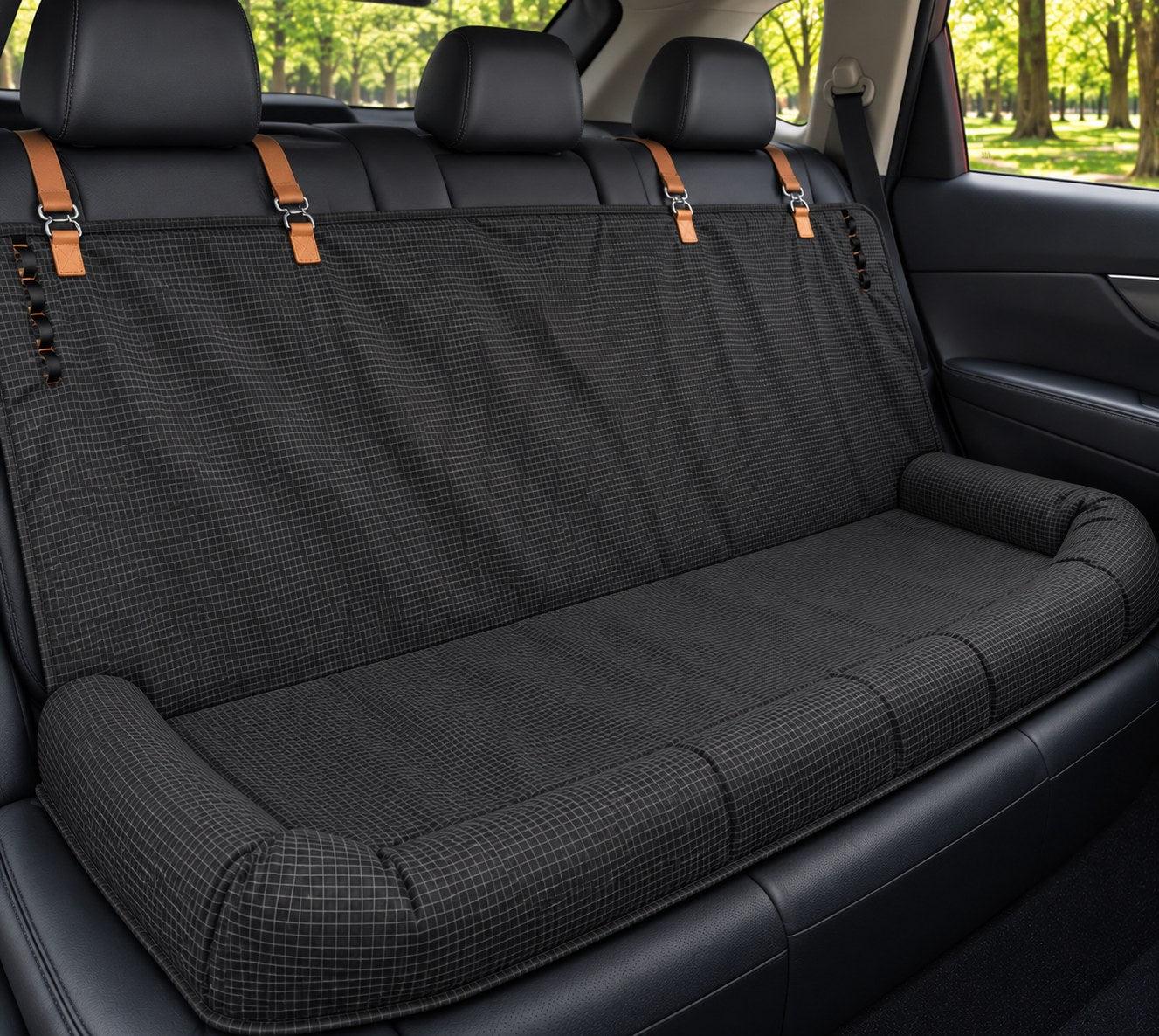 Waterproof dog back seat cover fitted across a car bench seat