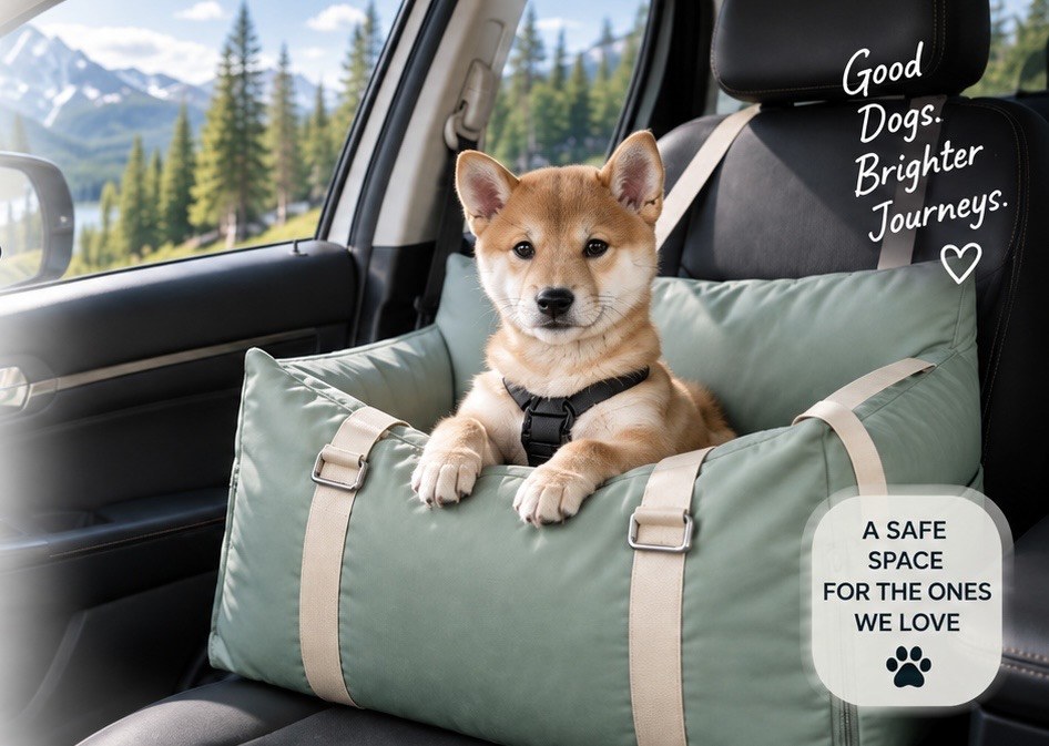 Shiba-Inu-Welpe in einem salbeigrünen Hundeautositz