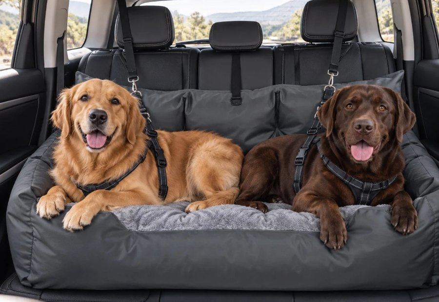 Two dogs travelling together in a TheDogCarSeat dog car seat